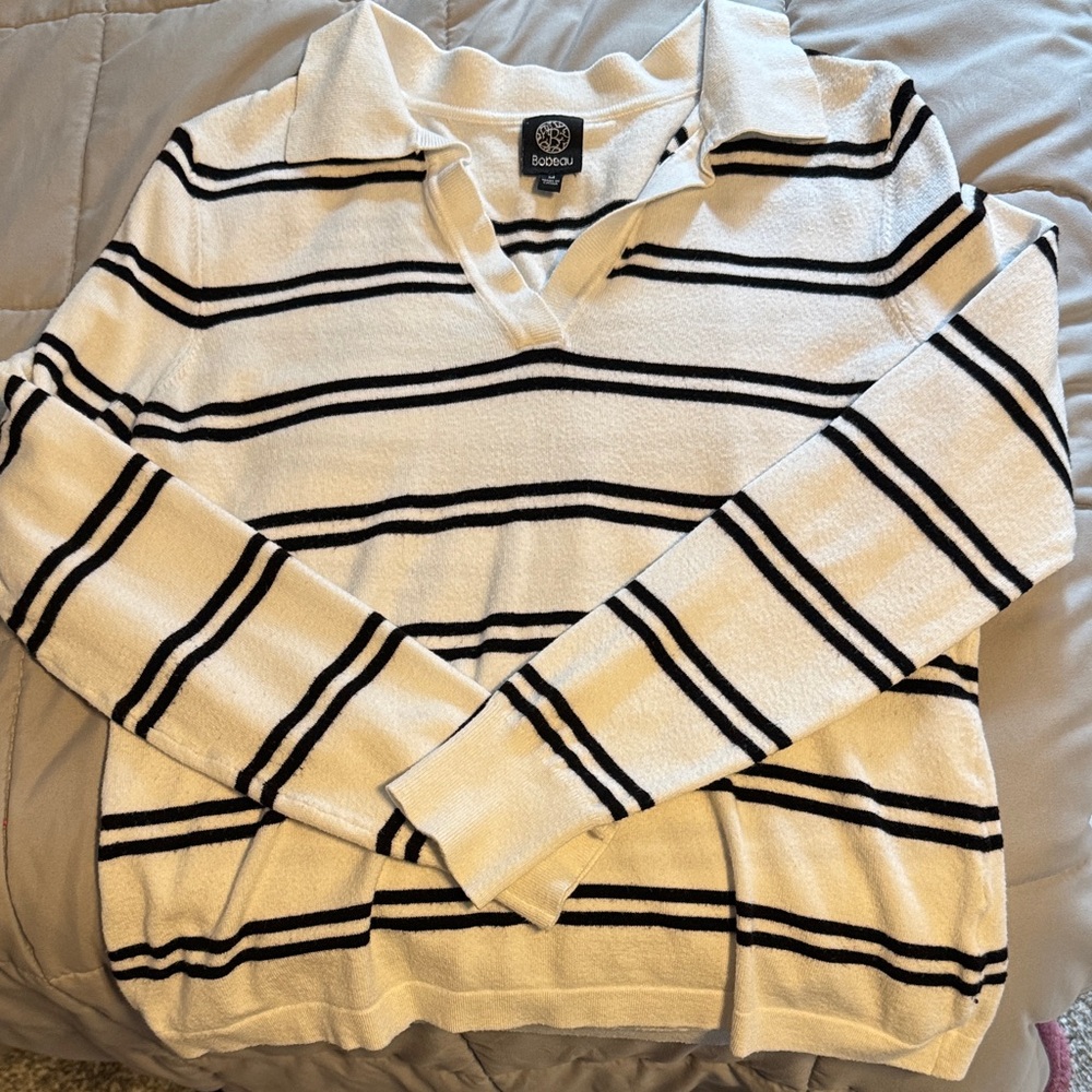 Boohoo Cream Polo Sweater with Black Stripes